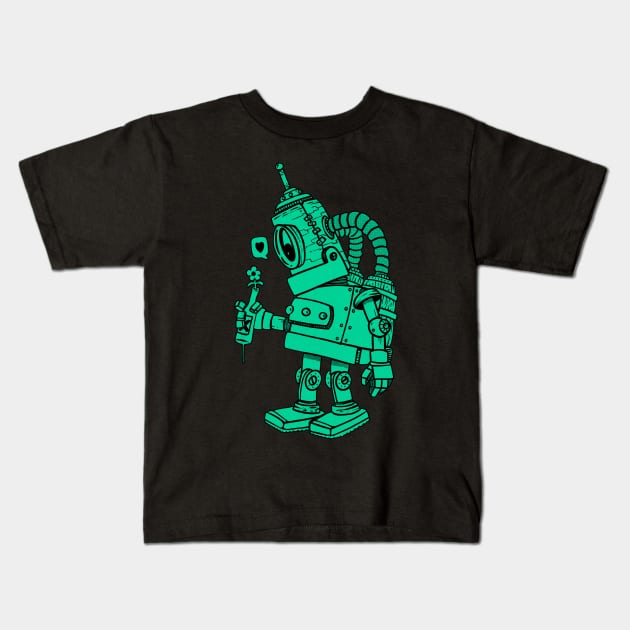 green robot in love Kids T-Shirt by manuvila